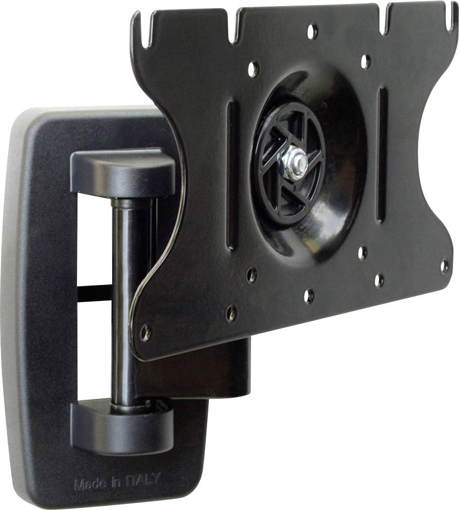 Ein schwenkbarer TV-Wandhalter in Schwarz, aus Metall, mit einer stabilen Montageplatte und einem flexiblen Arm.