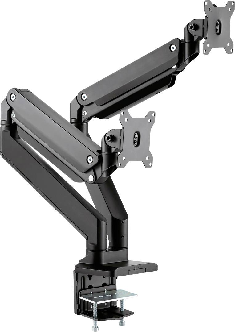 Doppelter Monitorarm aus Metall, schwarz, mit flexiblen Gelenken und Klemmbefestigung zur Montage an einem Tisch.