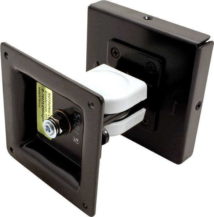 Schwenkbare TV-Halterung aus Metall mit schwarzem Finish. Zwei quadratische Platten sind verbunden und ermöglichen flexible TV-Positionierung.