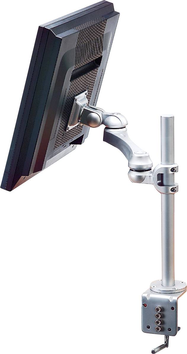 Ein Flachbildschirm ist an einem verstellbaren Monitorarm befestigt, der an einer vertikalen Stange montiert ist.