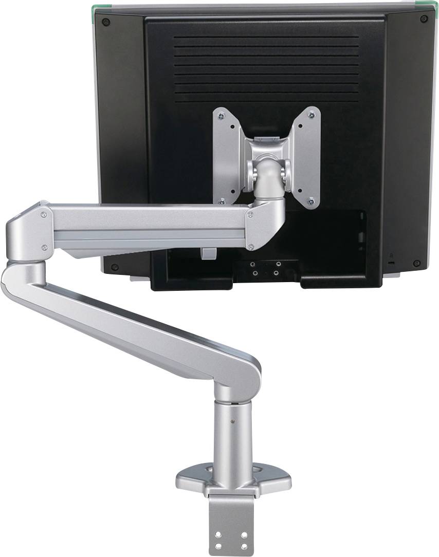 Ein verstellbarer Monitorarm mit Scharnieren, der einen Computerbildschirm in verschiedenen Positionen hinter einem Schreibtisch hält.