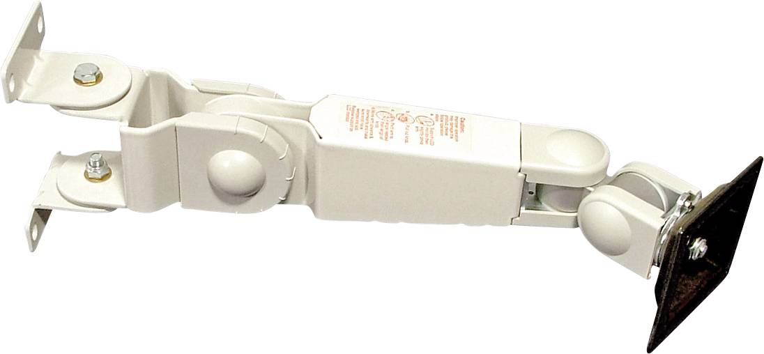 Ein weißer verstellbarer Türstopper mit drehbarem Einsatz und zwei Befestigungsplatten, geeignet für die Montage an Türen oder Wänden.