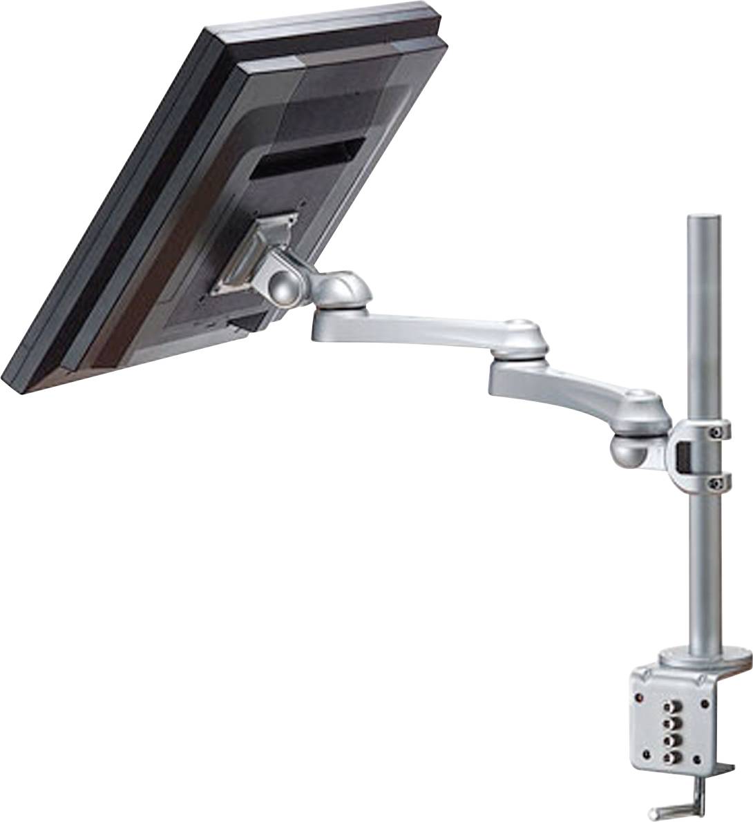 Einstellbarer Monitorarm aus Metall, befestigt an einem Tisch, unterstützt Bildschirmflexibilität und Platzersparnis im Büro.