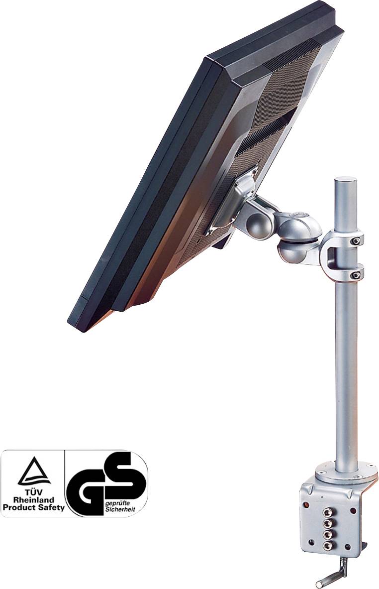 Monitor mit verstellbarem Arm an einer Stange montiert. Unten links sind Logos: 'TÜV Rheinland' und 'GS Geprüfte Sicherheit'.