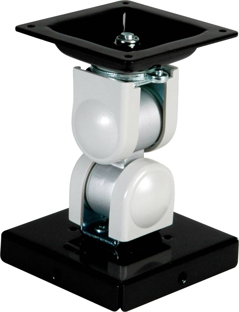 Ein verstellbares, quadratisches Maschinen-Element aus Metall mit schwarzer Basis und weißem Kopf, vermutlich zur Verbindung von strukturellen Komponenten.