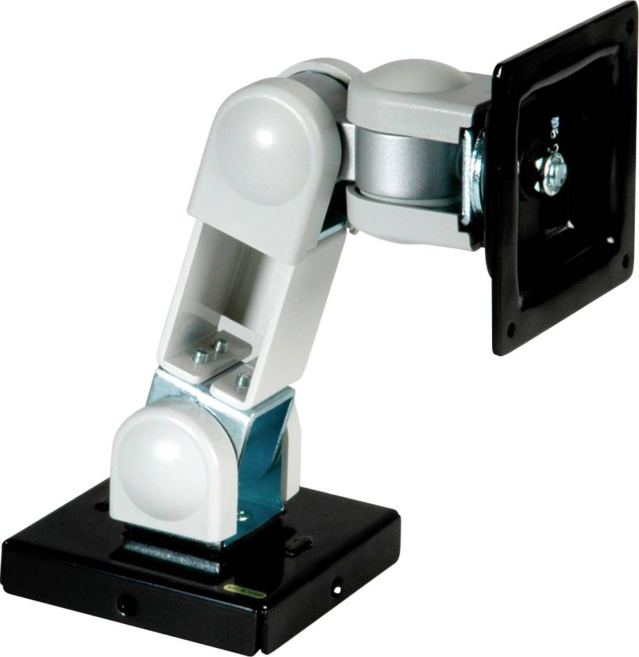 Ein verstellbarer Monitorarm aus Metall, der an einer Basis befestigt ist. Er dient zur flexiblen Platzierung von Bildschirmen.