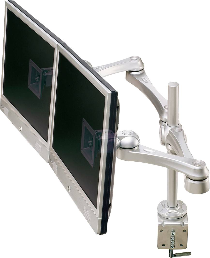 Zwei nebeneinander montierte Computermonitore an einem schwenkbaren, silbernen Halterungsarm, der an einem Tisch befestigt ist.