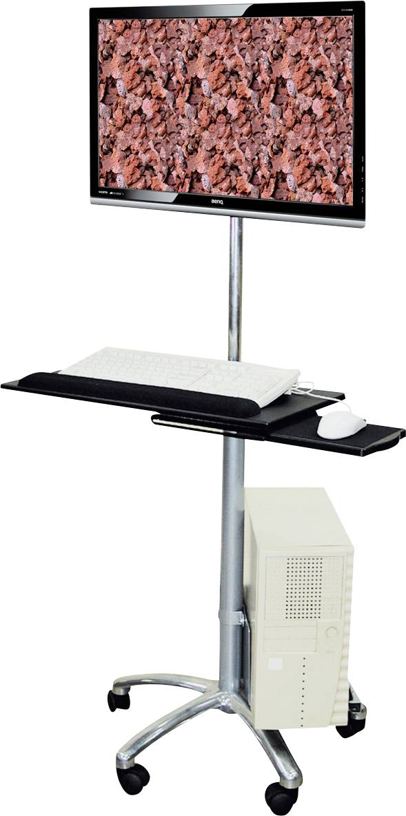 Ein mobiler Computertisch mit Bildschirm und Tastatur, auf einem Rollgestell. Der Bildschirm zeigt ein Muster aus roten Blättern.