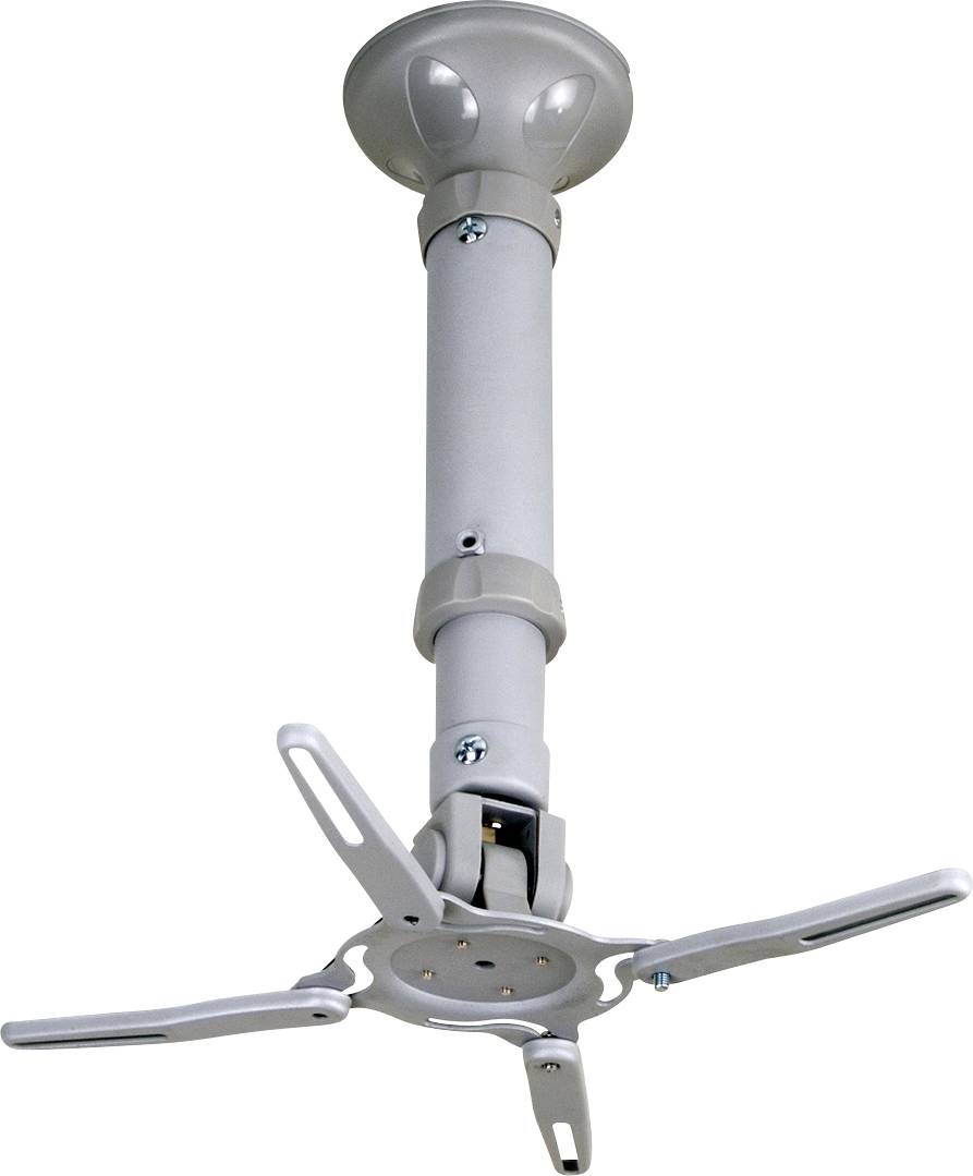 Projektorhalterung aus Metall zur Deckenmontage, dreibeiniger Arm mit verstellbaren Gelenken, für verschiedene Projektorgrößen geeignet.
