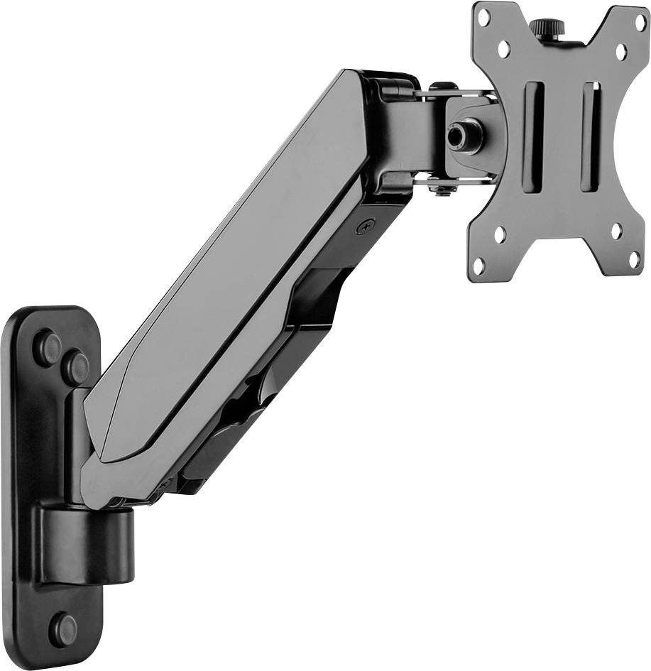 Ein verstellbarer Wandhalterungsarm für Monitore, aus Metall, in schwarzer Farbe, mit VESA-Montageplatte für Bildschirme.
