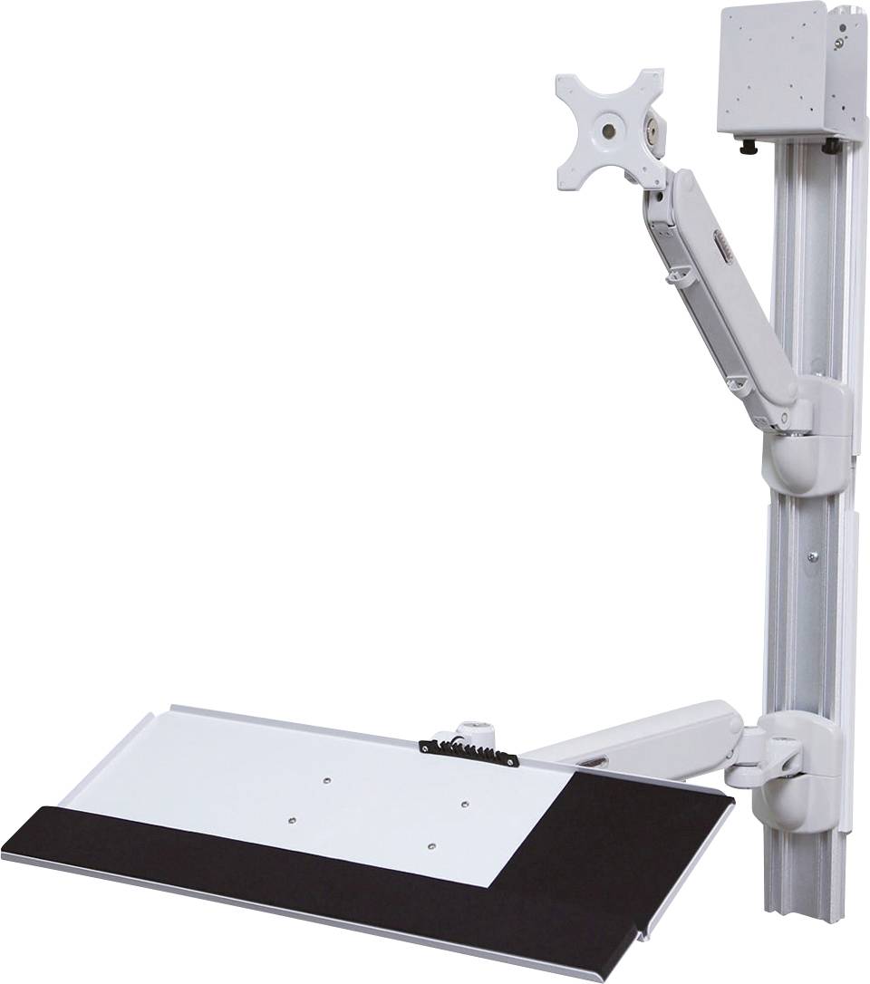 Ein verstellbarer Monitorarm mit Tastaturablage zur Wandmontage. Schwenkbar und neigbar, geeignet zur ergonomischen Arbeitsplatzgestaltung.