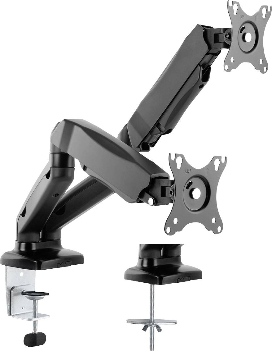 Doppelter Monitorhalter in Schwarz mit verstellbaren Armen, montiert auf einer Schreibtischkante. Ideal zur Platzersparnis und flexiblen Positionierung.