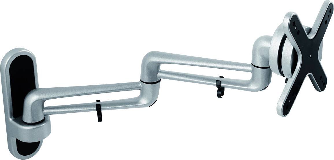 Eine verstellbare Monitorhalterung aus Metall, die an einer Wand montiert ist. Sie hat drei Gelenkabschnitte und eine VESA-Halterung.