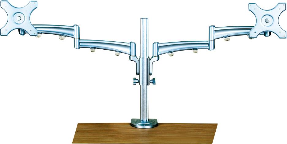 Ein doppelter Monitorhalter aus Metall auf Holzunterlage, mit Gelenkarmen zur flexiblen Positionierung von zwei Bildschirmen.