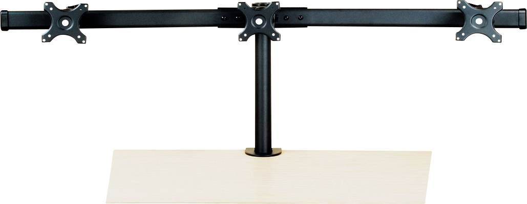 Montagearm für zwei Monitore, schwarz, auf einem Holztisch montiert. Ermöglicht flexible Positionierung und Höhenverstellung der Bildschirme.
