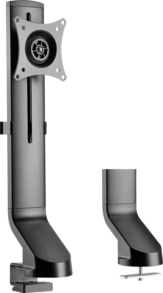 Ein schwarzer Monitorarm mit Klemme zur Befestigung an einem Schreibtisch, daneben ein ebenfalls schwarzer separater Teil zur Montage.