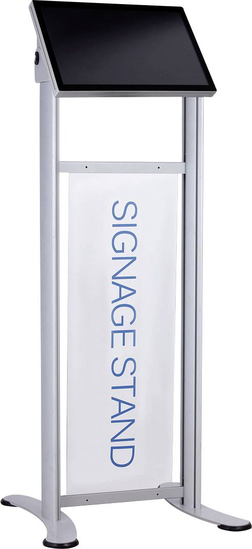 Ein digitaler Beschilderungsständer mit Bildschirm und einer großen, vertikalen Aufschrift 'SIGNAGE STAND' an der Vorderseite.