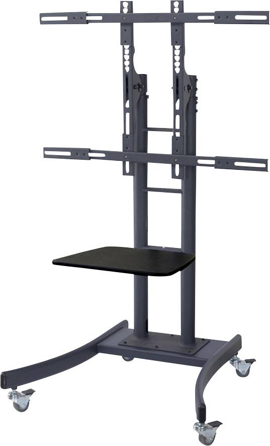 Rollbarer Bildschirmständer aus Metall mit verstellbarer Halterung, kleiner Ablagefläche und vier Rädern zur einfachen Bewegung.