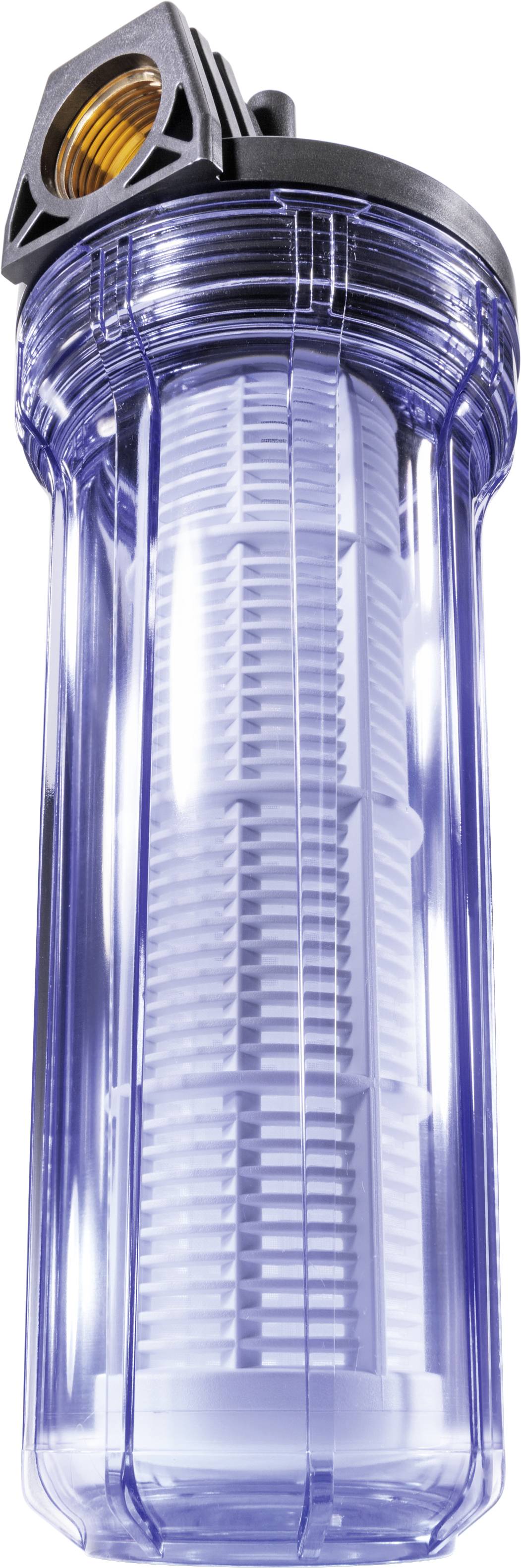 Wasserfilter-Gehäuse aus transparentem Kunststoff mit sichtbarem Innenfilter, obere Verbindung aus Metall.