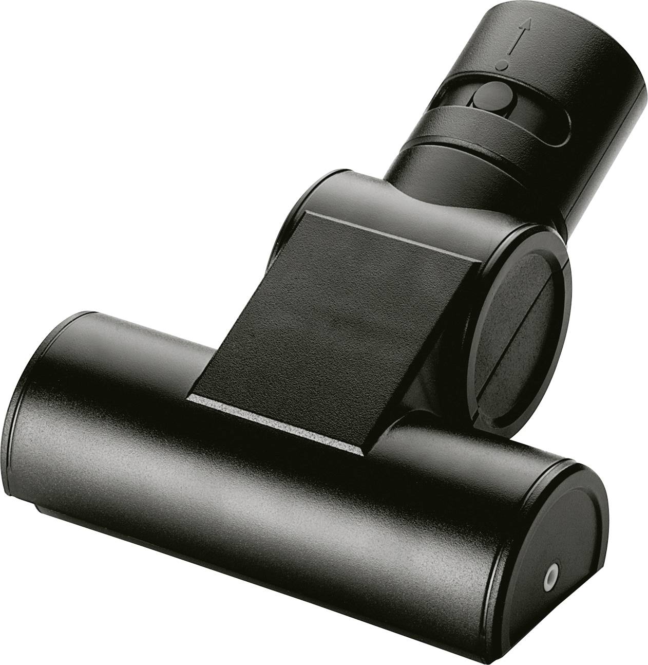 Schwarze Staubsauger-Turbodüse mit zylindrischem Bürstenkopf und Luftsteuerungsklappe, zur effektiven Entfernung von Tierhaaren.