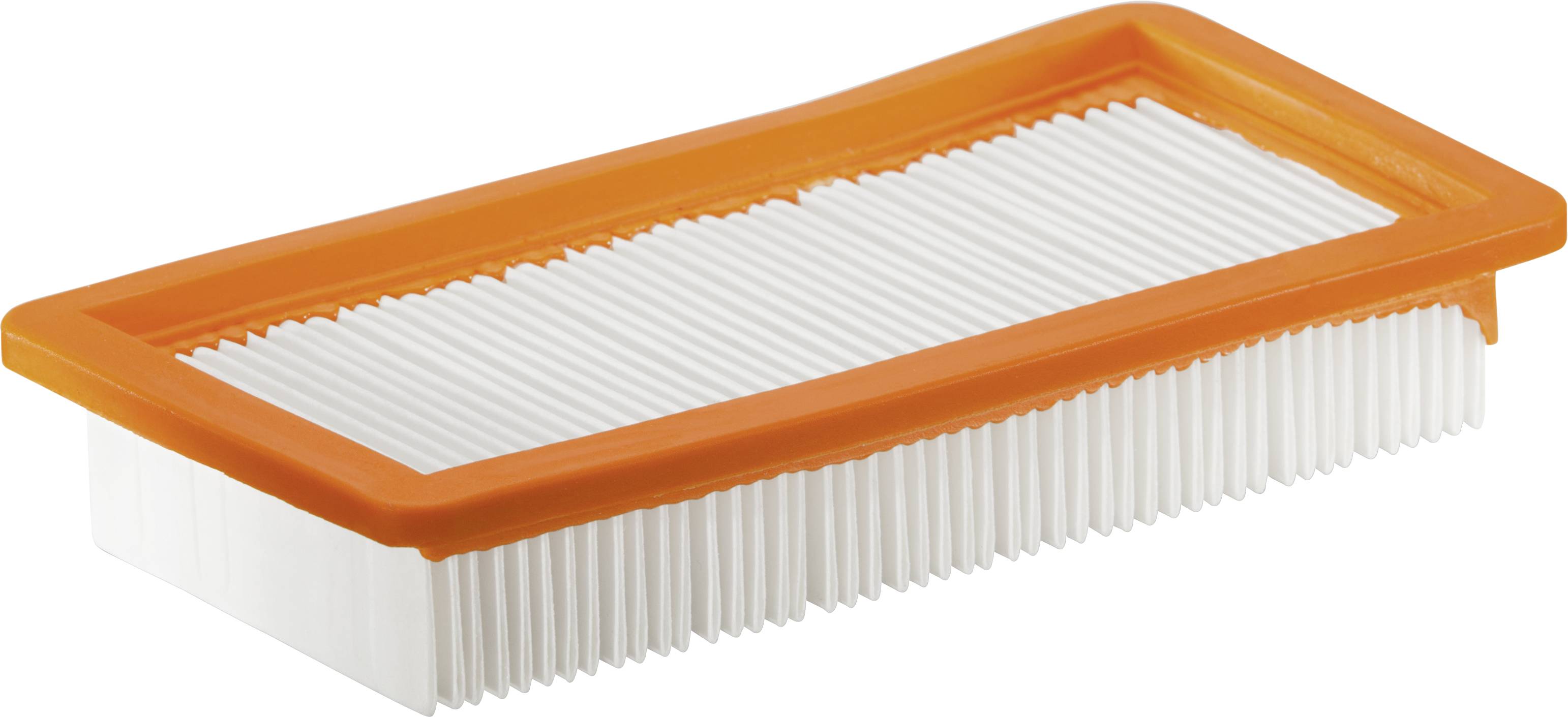 Ein rechteckiger Luftfilter mit weißen Lamellen und einem orangefarbenen Rahmen.