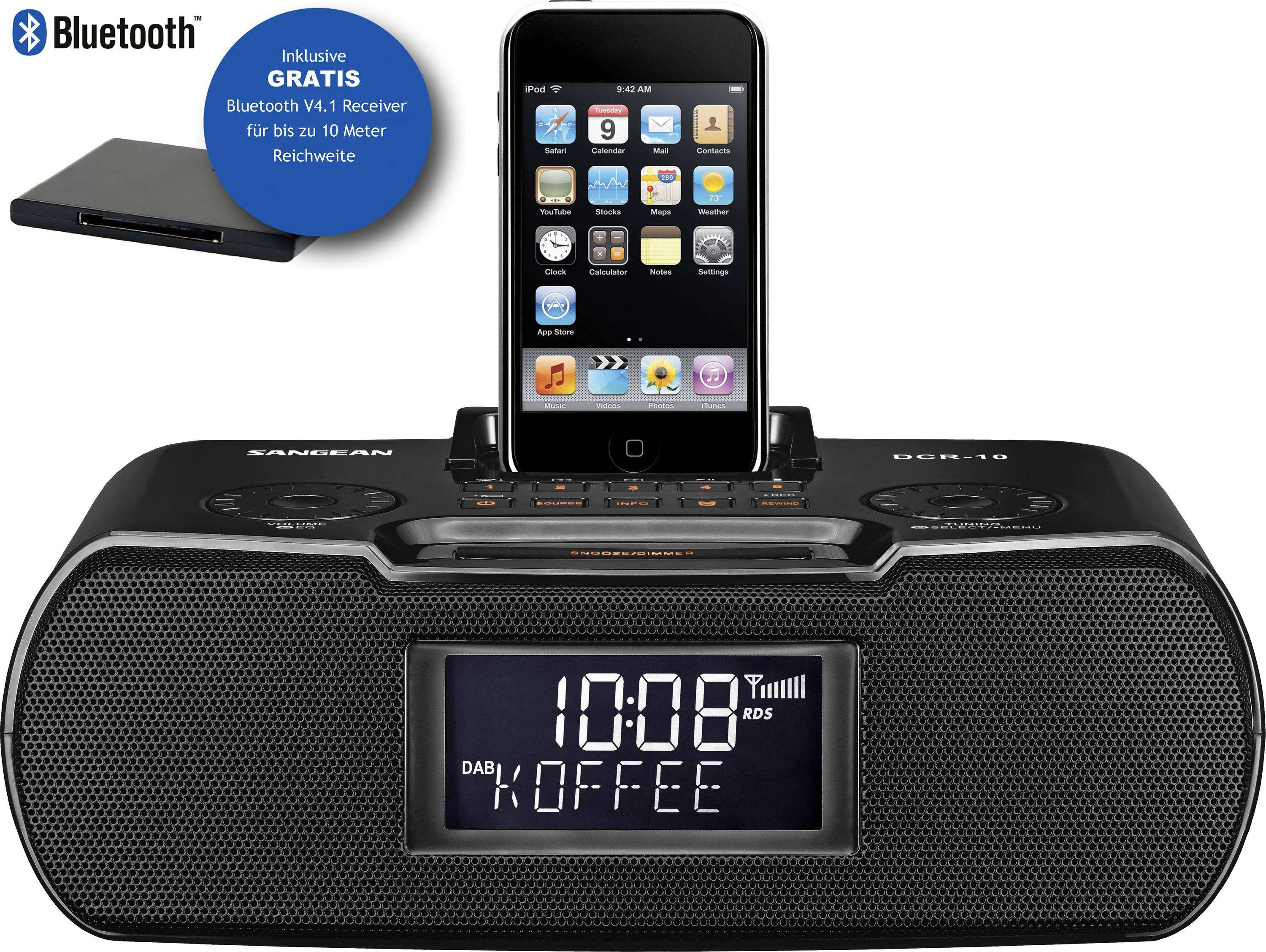 Sangean DCR-10 Tischradio DAB+, DAB, UKW Apple-Dock, AUX, SD Akku-Ladefunktion, Aufnahmefunktion, Inkl. Fernbedienung