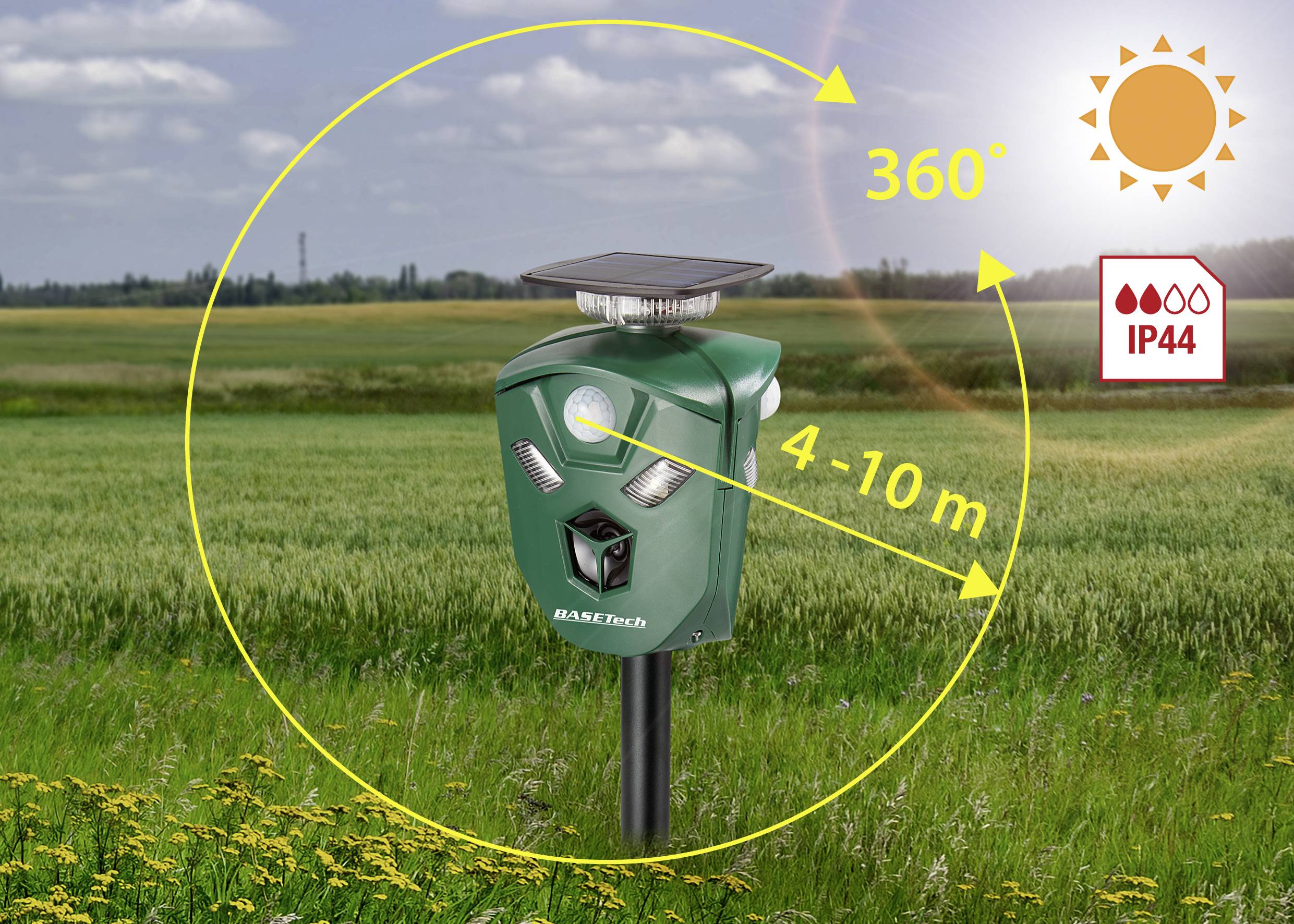 Basetech BT16 Tiervertreiber Funktionsart LED-Licht, Alarm-Sirene, Ultraschall, Blitzlicht Wirkungsbereich 200m² 1St.