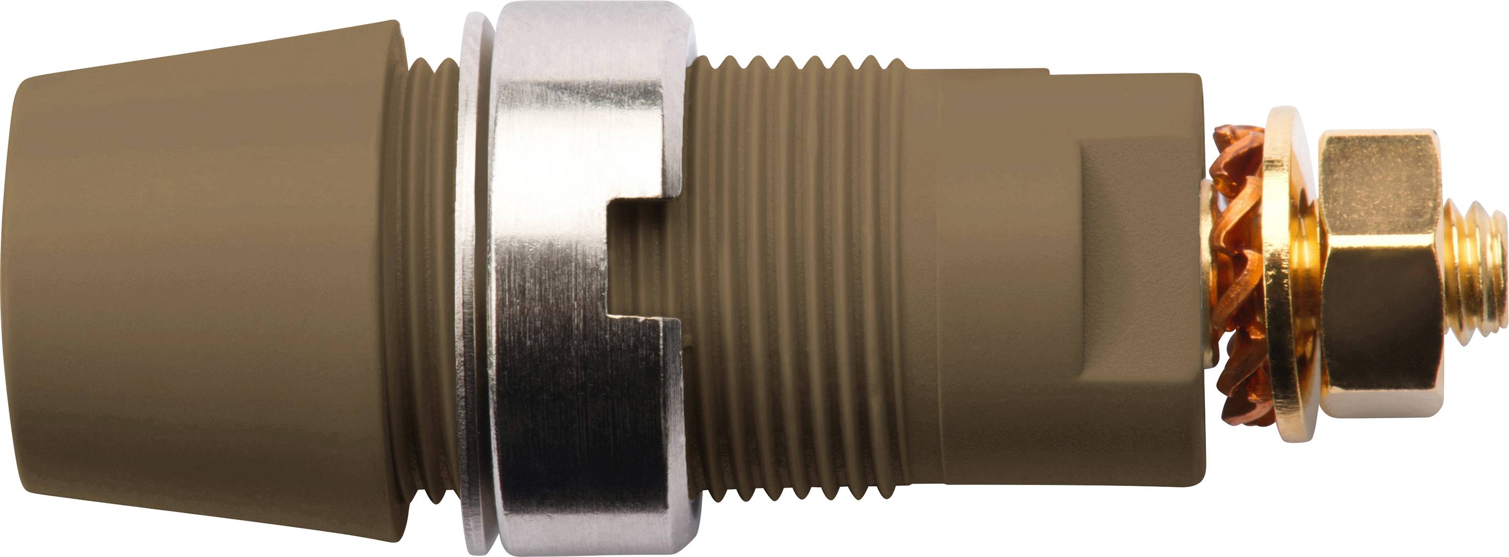 Brauner Koaxialstecker mit Metallring und goldfarbenem Anschluss, seitlich dargestellt.