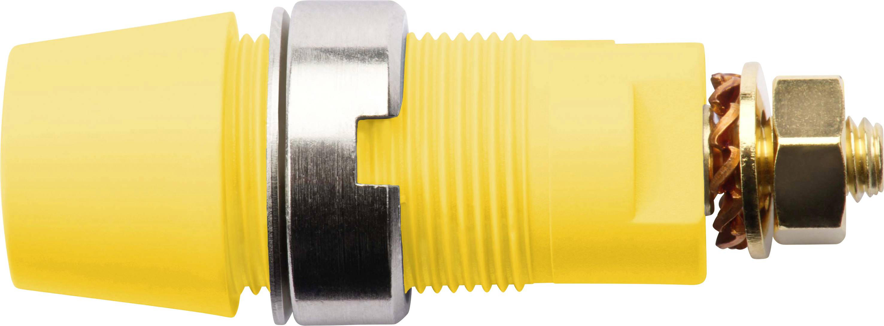 Gelber elektrischer Stecker mit metallischen Komponenten, seitlich dargestellt. Hauptmerkmal ist ein Befestigungsring in der Mitte.