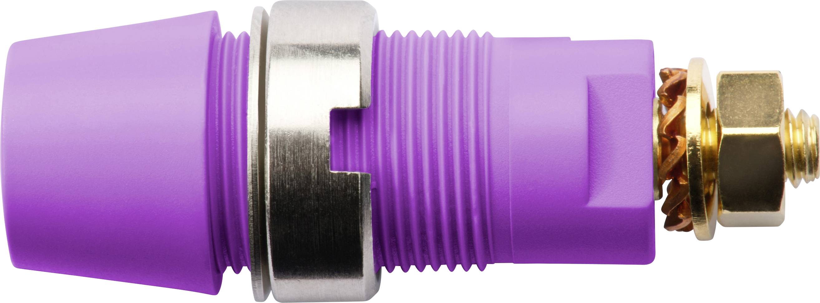 Lila Hochspannungskabelstecker mit Metallkragen und goldfarbener Mutter, seitlich liegend. Geeignet für elektrische Verbindungen.