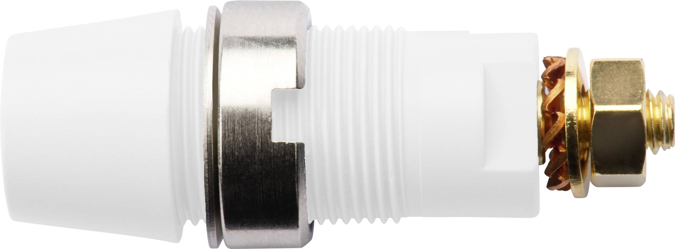 Weißes Plastik- und Metallventil seitlich, mit Gewinde und Metallmutter, für Wasser- oder Gasanwendungen.