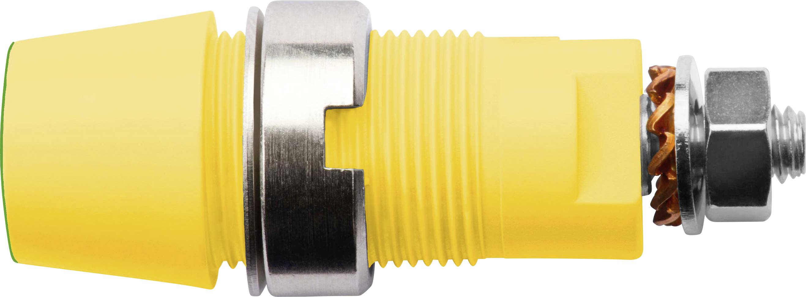 Gelber runder Sensor mit metallischer Halterung und Schrauben, seitliche Ansicht. Verwendet in automatisierten industriellen Anwendungen.