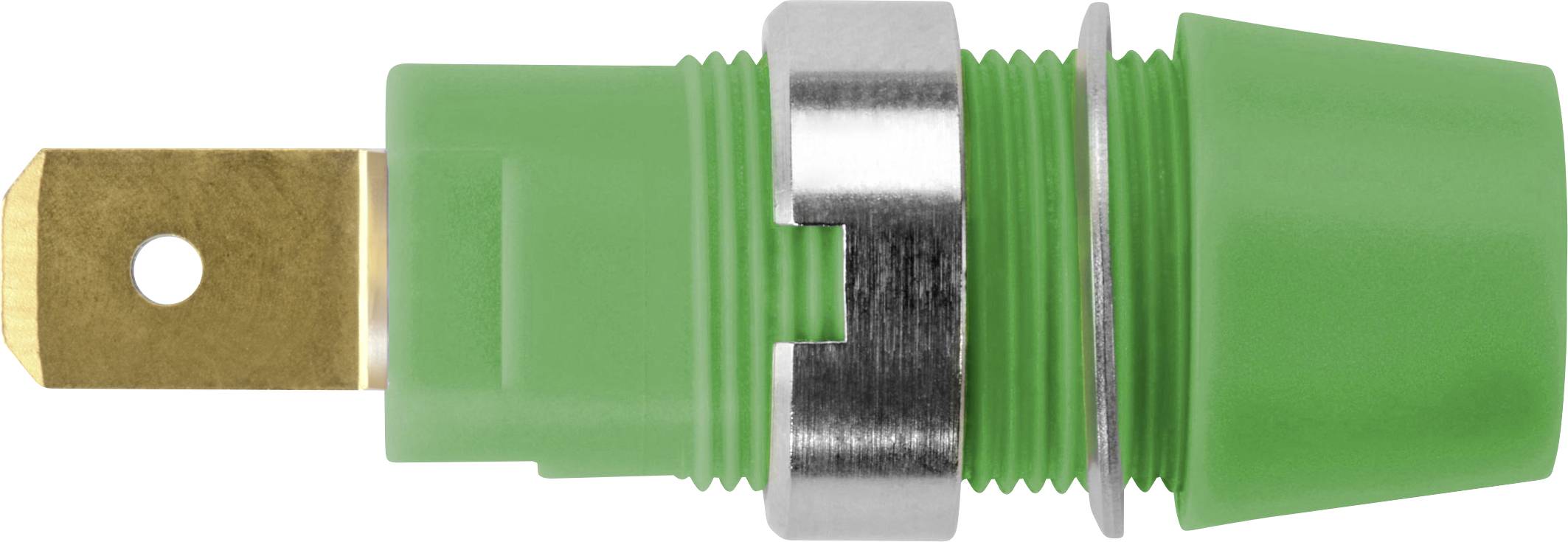 Ein grüner elektrischer Stecker mit Metallanschluss, geeignet für Geräte oder Kabelverbindungen, seitlich dargestellt.