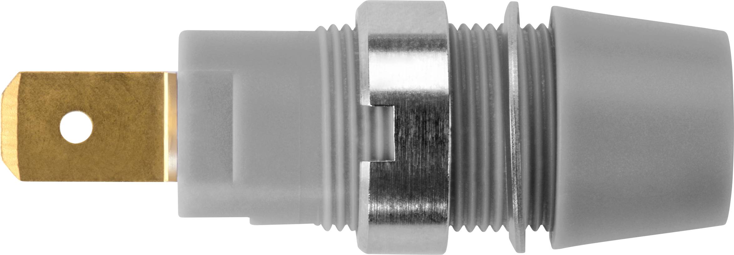 Ein grauer, zylindrischer elektrischer Steckverbinder mit einem metallischen Mittelteil und einem goldfarbenen Kontaktstift auf einem weißen Hintergrund.