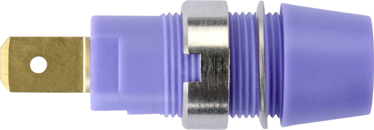 Lila elektrische Steckerkupplung mit goldfarbenem Steckkontakt und silbernem Ring, seitliche Ansicht. Geeignet für technische Anwendungen.