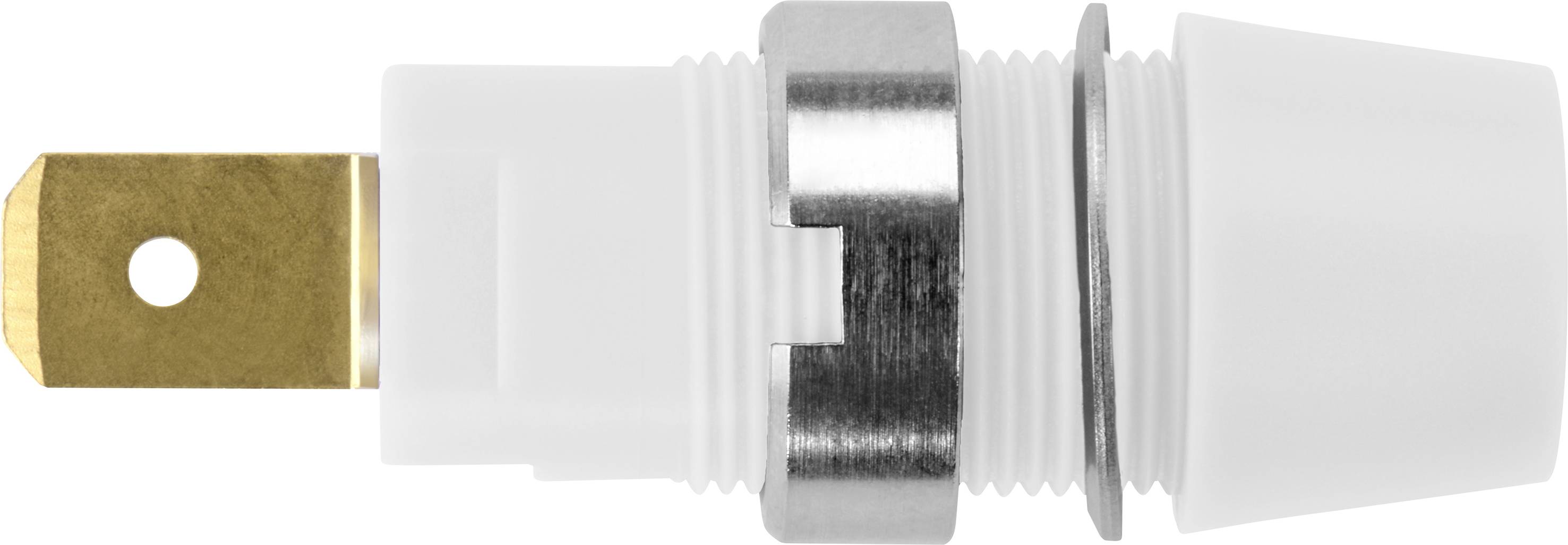 Ein weißer, zylindrischer Kunststoffstecker mit einem goldenen Metallkontakt an einem Ende, seitlich betrachtet.