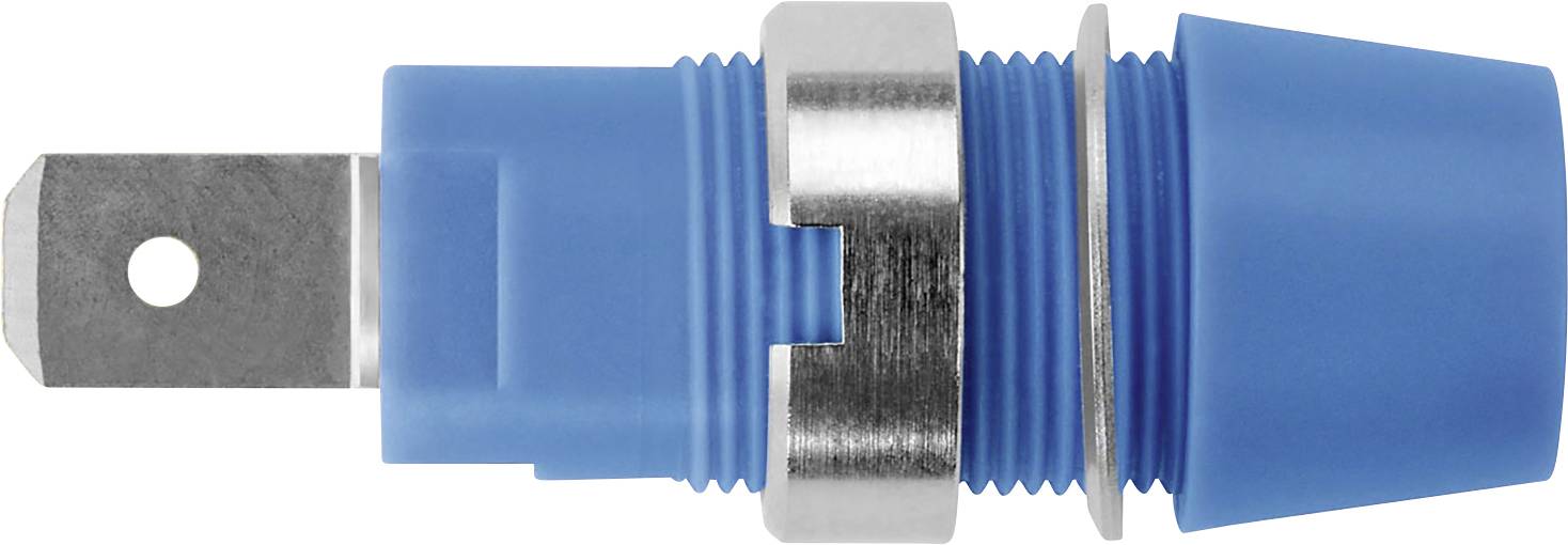 Elektronischer Rundsteckverbinder, blau mit Metallfassung, seitlich Ansicht, zeigt den Metallkontakt und die Befestigungselemente.