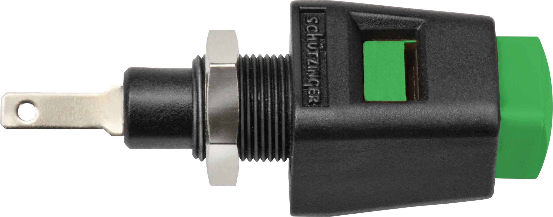 Ein schwarzer Schutzinger-Drucktaster mit grünem Knopf, seitliche Ansicht. Er besitzt ein Metallgewinde und eine Befestigungsmutter.