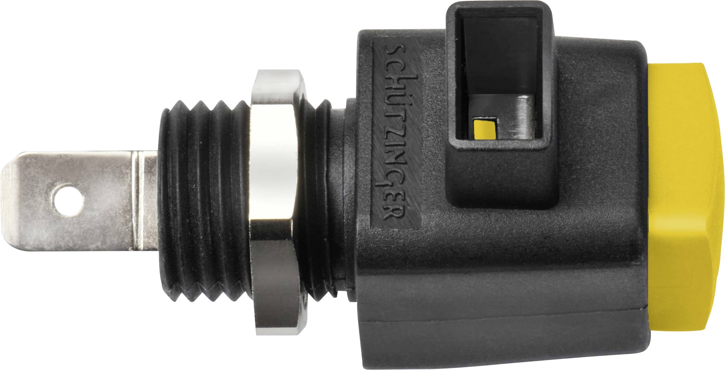 Schwarzer rechteckiger Stecker mit gelbem Knopf und zwei Metallstiften, seitlich abgebildet.