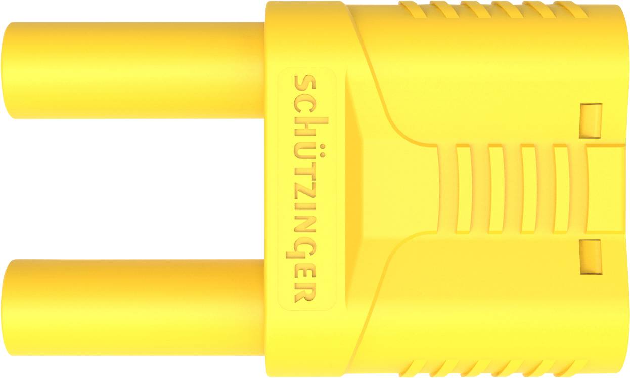Gelber zweipoliger Stecker mit vertikalen Einkerbungen und der Aufschrift 'Schützinger' an der Seite.