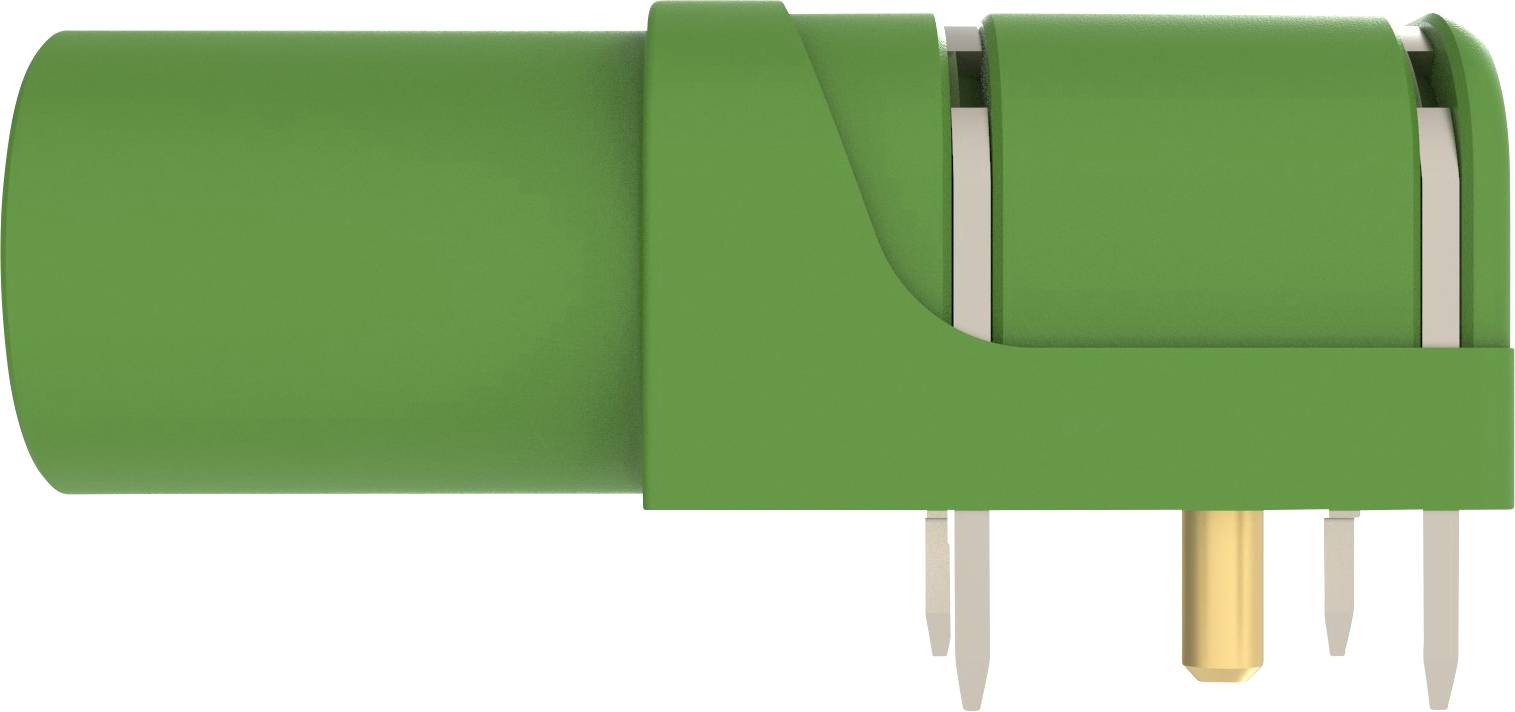 Grüner elektrischer Steckverbinder mit metallischen Kontakten und einer kleinen goldenen Stiftspitze unten.