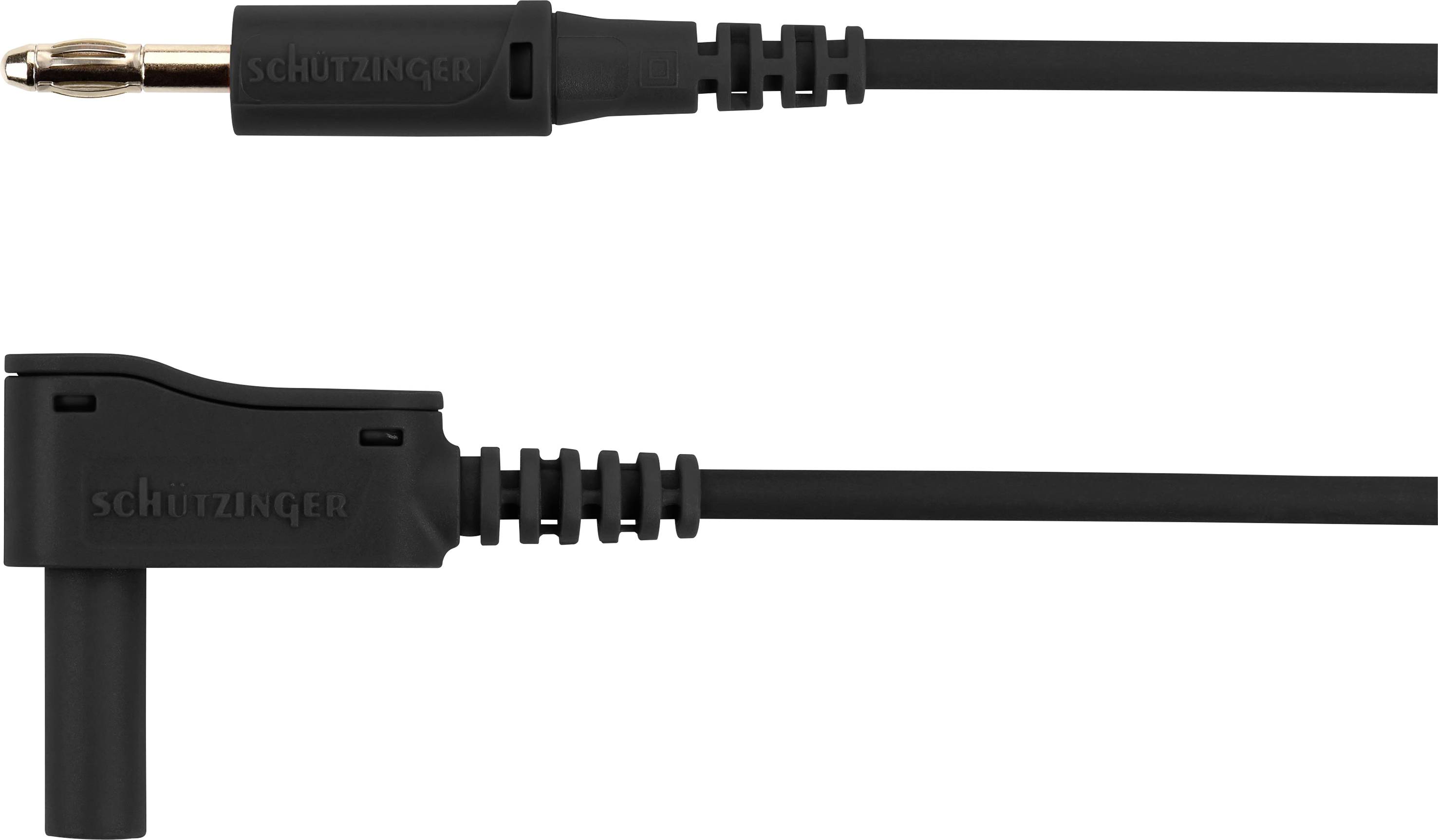 Zwei schwarze Klinkenstecker der Marke Schützinger, einer gerade, der andere gewinkelt, mit Kabel.