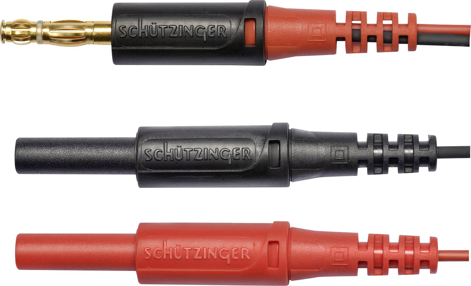 Drei Schützinger-Steckverbinder in Gold, Schwarz und Rot. Oberer Stecker mit Goldspitze, mittlerer und unterer ohne Spitze.