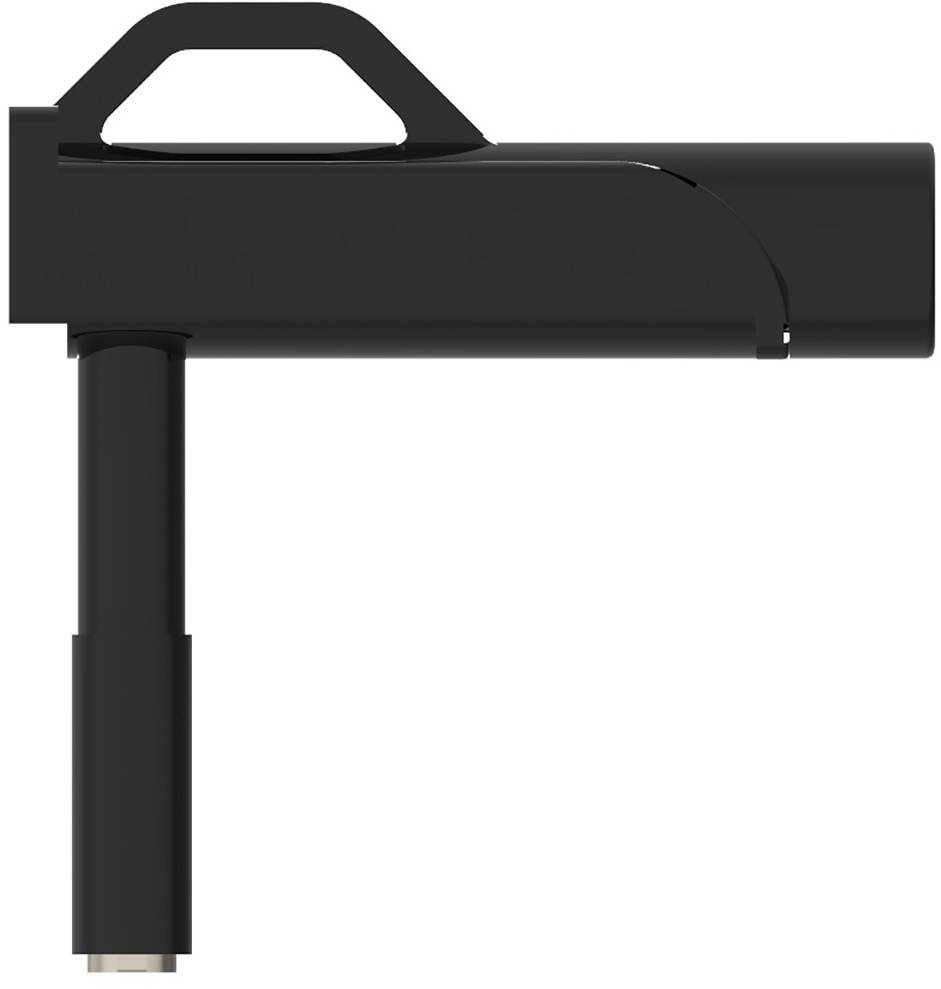 Schwarz glänzender Metall-Handtuchhaken in T-Form mit seitlicher Öffnung, geeignet zum Aufhängen von Handtüchern oder Kleidung.