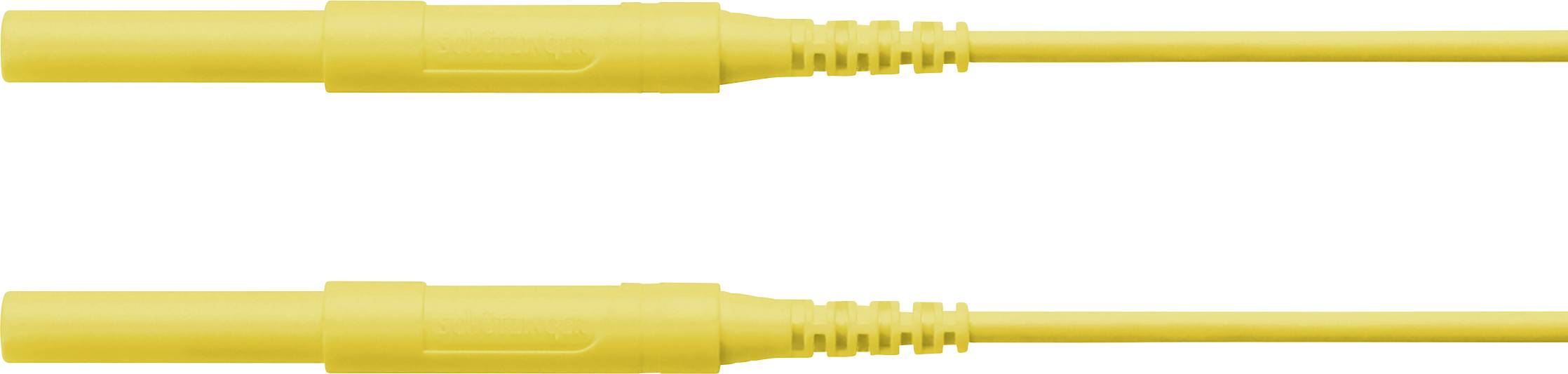 Zwei gelbe Koaxialkabel, horizontal ausgerichtet und parallel zueinander, vor einem weißen Hintergrund.