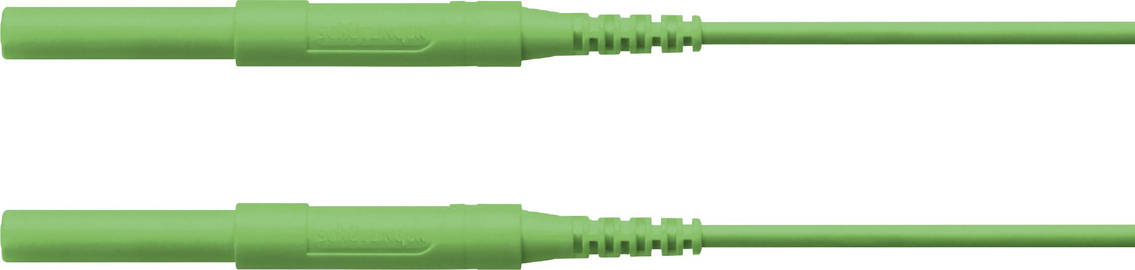 Zwei grüne Steckverbinder mit Kabel, horizontal platziert, auf weißem Hintergrund.