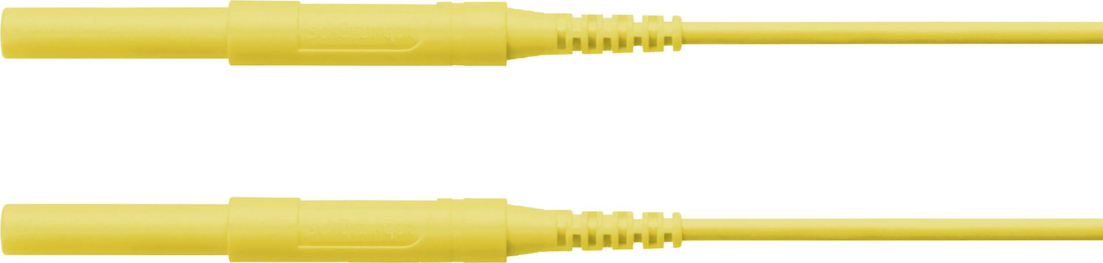 Zwei gelbe Messleitungen mit geradem Stecker, in paralleler Anordnung, geeignet für unterschiedliche elektrische Anwendungen.