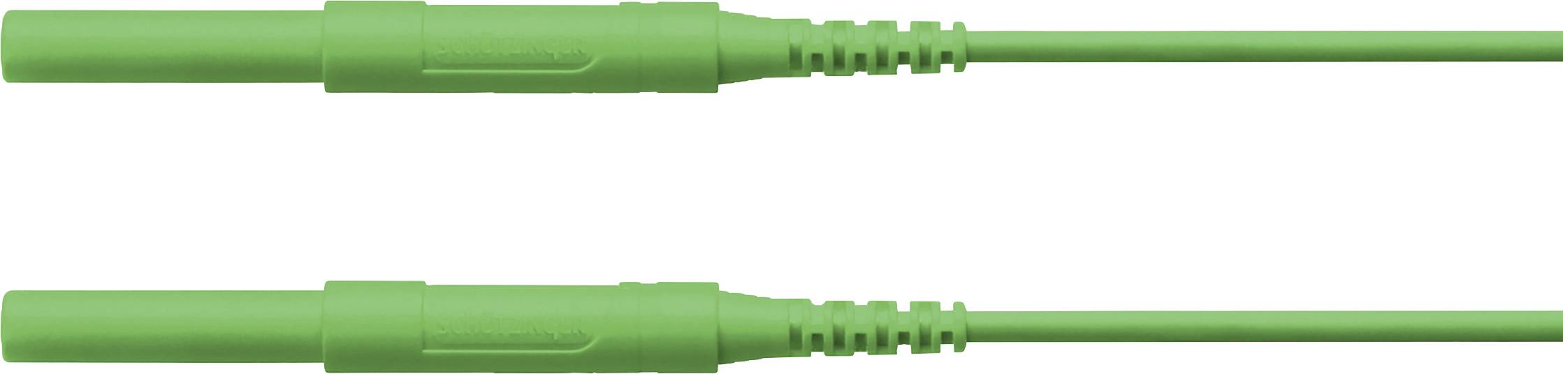 Zwei grüne, parallel verlaufende Kabel mit Steckern vor weißem Hintergrund.