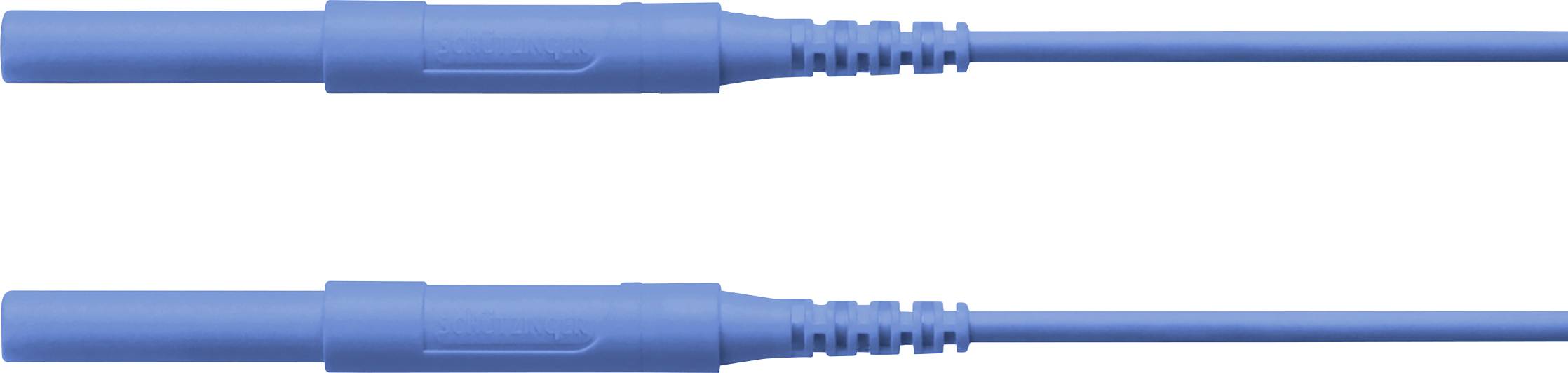 Zwei identische blaue Kabel mit Steckern an beiden Enden, horizontal nebeneinander angeordnet.