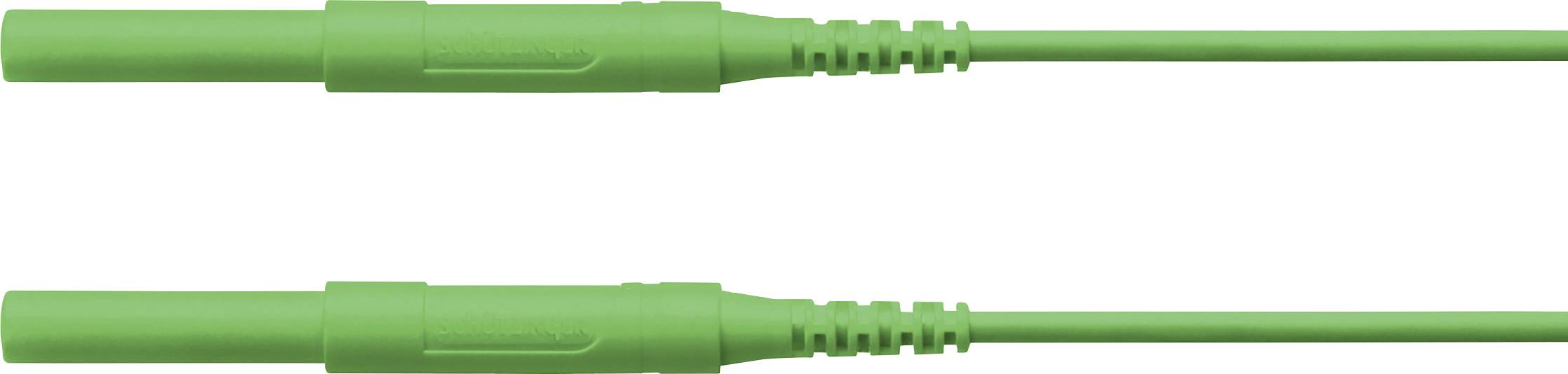 Zwei identische grüne Klinkenstecker sind horizontal angeordnet, jeweils mit geripptem Griff und glatter Oberfläche verbunden.